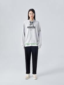 Hoodie lớn Đồ họa Chữ cái Dây rút - Màu Xám nhạt - Xem 3