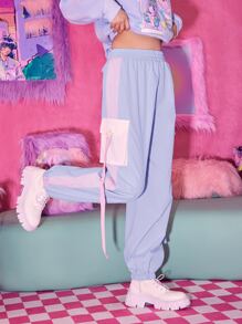 ROMWE Kawaii Tape Flap Pocket Cargo Pants - Baby Blue - View 1