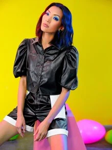 Kirana Kartawidjaja Áo sơ mi Ống tay áo Mũi chỉ tương phản Túi vá chất liệu da PU - màu đen - Xem 1