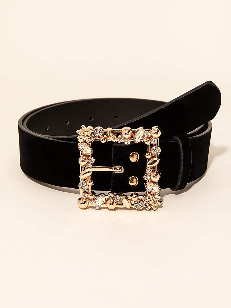 Rhinestone Detail Buckle Belt & Hole Punch Tool - Black - View 1