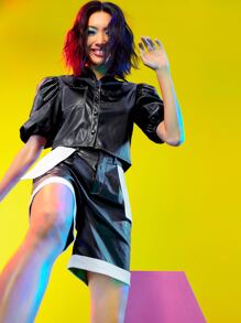 Kirana Kartawidjaja Áo sơ mi Ống tay áo Mũi chỉ tương phản Túi vá chất liệu da PU - màu đen - Xem 5