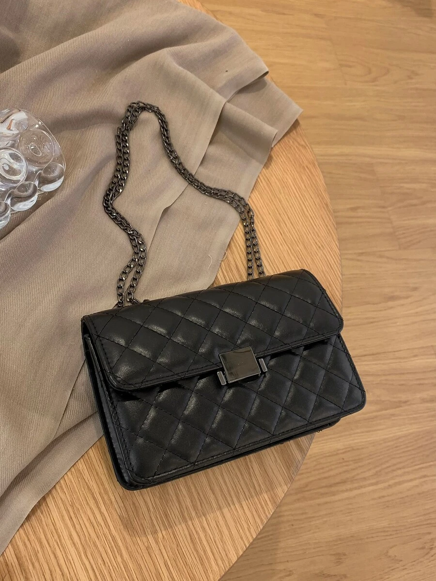 Quilted Metal Lock Chain Square Bag - Black - View 1