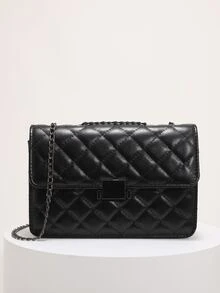 Quilted Metal Lock Chain Square Bag - Black - View 2