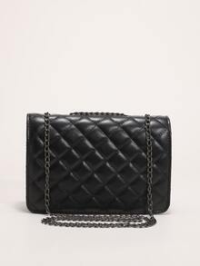 Quilted Metal Lock Chain Square Bag - Black - View 3