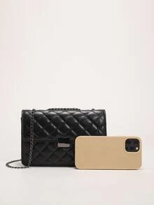 Quilted Metal Lock Chain Square Bag - Black - View 5