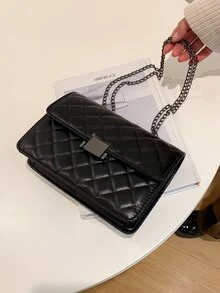 Quilted Metal Lock Chain Square Bag - Black - View 6