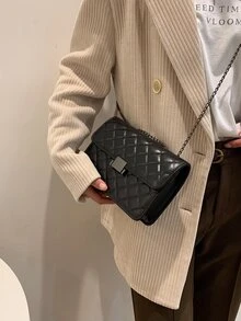 Quilted Metal Lock Chain Square Bag - Black - View 7