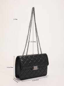 Quilted Metal Lock Chain Square Bag - Black - View 8
