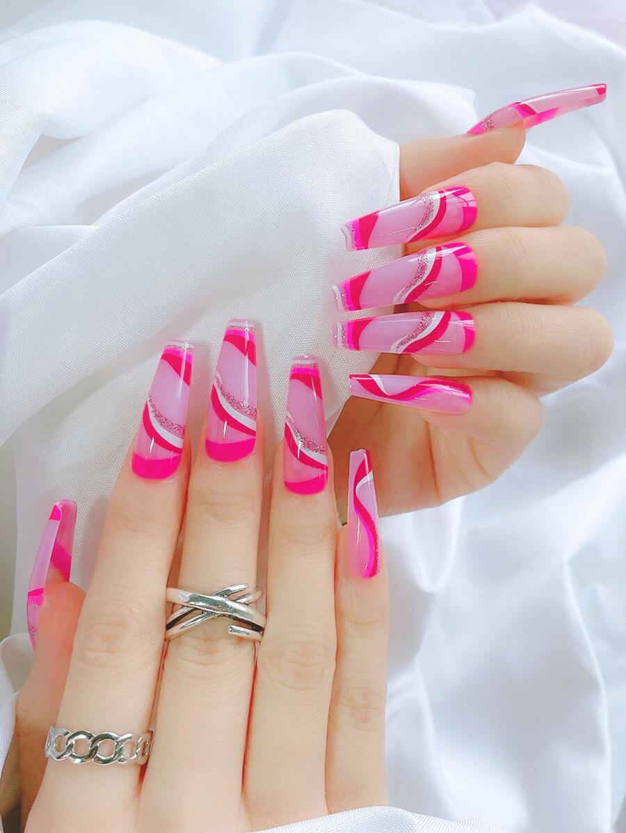 24 piezas Uña postiza ataúd largo & 1 pieza lima de uñas & 1 hoja cinta & 1 pieza Palo - Multicolor - Ver 1