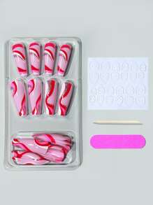 24 piezas Uña postiza ataúd largo & 1 pieza lima de uñas & 1 hoja cinta & 1 pieza Palo - Multicolor - Ver 2