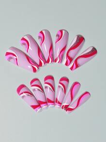 24 piezas Uña postiza ataúd largo & 1 pieza lima de uñas & 1 hoja cinta & 1 pieza Palo - Multicolor - Ver 4