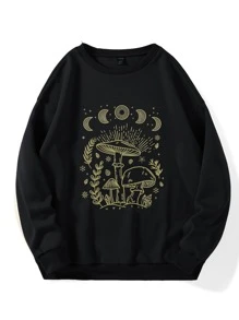 SHEIN EZwear Áo nỉ ấm áp In Nấm Thả vai - màu đen - Xem 1