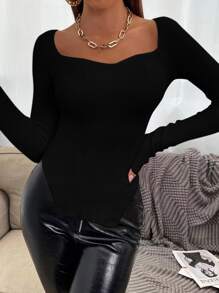 SHEIN Unity Sweetheart Neck Split Hem Jumper - Black - View 3