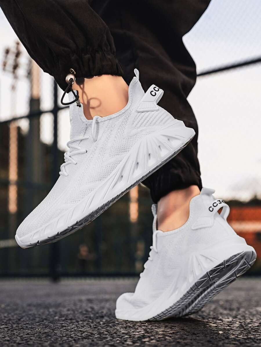 Zapatillas de deporte de malla para hombre, ligeras, transpirables, con decoración de letras, para correr, tipo hoja - Blanco - Ver 1