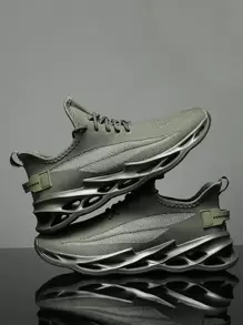 男士橄欖綠針織厚底繫帶裝飾公路跑鞋