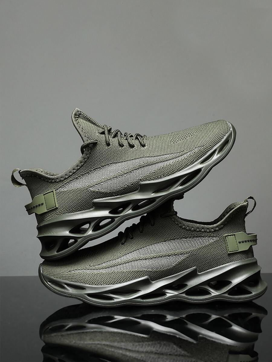 男士橄欖綠針織厚底繫帶裝飾公路跑鞋