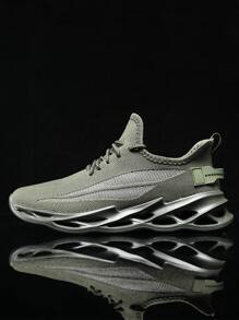 男士橄欖綠針織厚底繫帶裝飾公路跑鞋