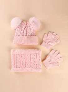 小女童針織豆豆帽和手套和無窮圍巾 - 淺粉色 - 查看 3