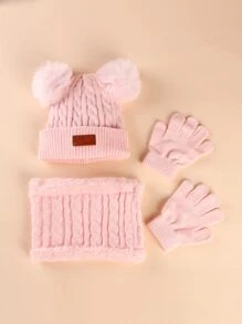 小女童針織豆豆帽和手套和無窮圍巾 - 淺粉色 - 查看 4