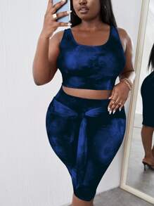 Plus Tie Dye Tank Top & Tie Front Skirt - Navy Blue - View 1