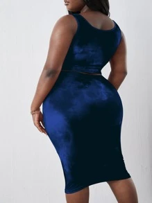 Plus Tie Dye Tank Top & Tie Front Skirt - Navy Blue - View 2