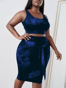 Plus Tie Dye Tank Top & Tie Front Skirt - Navy Blue - View 3