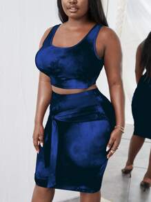 Plus Tie Dye Tank Top & Tie Front Skirt - Navy Blue - View 4