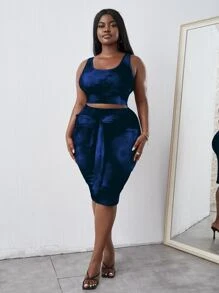 Plus Tie Dye Tank Top & Tie Front Skirt - Navy Blue - View 5