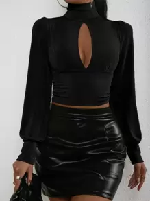 Chiquease Cut Out Lantern Sleeve Crop Top - Black - View 1