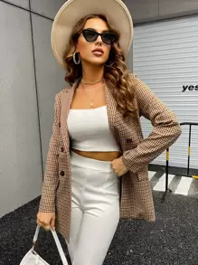 Chiquease Áo khoác  âu phục nữ Nút đôi Sọc ca rô Thanh lịch - Màu Khaki - Xem 1