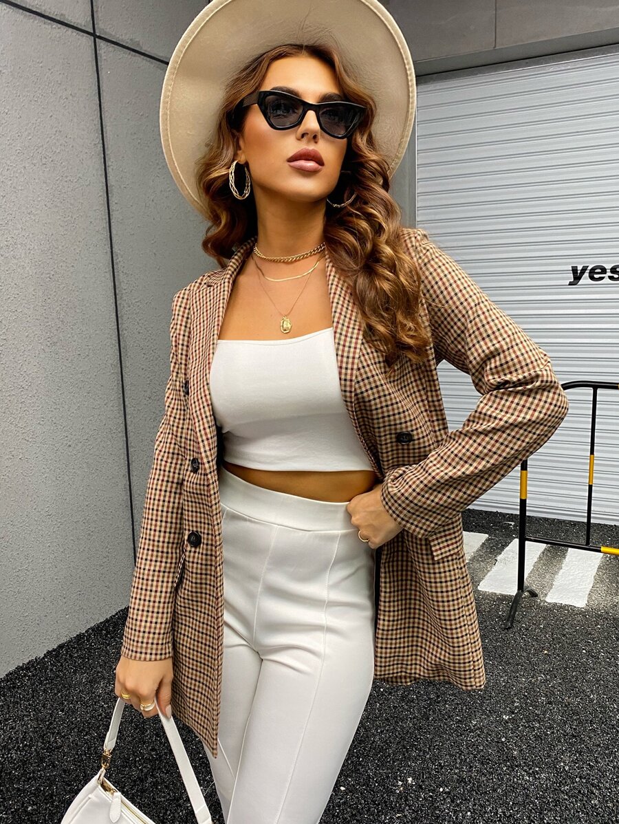 Chiquease Áo khoác  âu phục nữ Nút đôi Sọc ca rô Thanh lịch - Màu Khaki - Xem 1