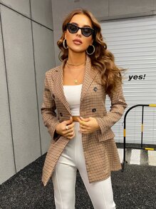 Chiquease Áo khoác  âu phục nữ Nút đôi Sọc ca rô Thanh lịch - Màu Khaki - Xem 3