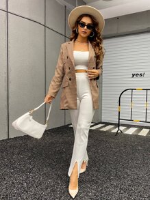 Chiquease Áo khoác  âu phục nữ Nút đôi Sọc ca rô Thanh lịch - Màu Khaki - Xem 4