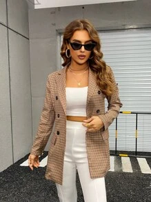 Chiquease Áo khoác  âu phục nữ Nút đôi Sọc ca rô Thanh lịch - Màu Khaki - Xem 5