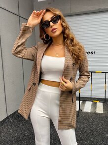 Chiquease Áo khoác  âu phục nữ Nút đôi Sọc ca rô Thanh lịch - Màu Khaki - Xem 6