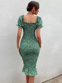 Breezaya 小碎花泡泡袖打褶緊身連衣裙 - 彩色 - 查看 2