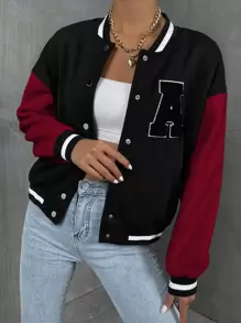 SHEIN Unity 字母補丁細節落肩袖撞色學院風夾克 - 彩色 - 查看 1