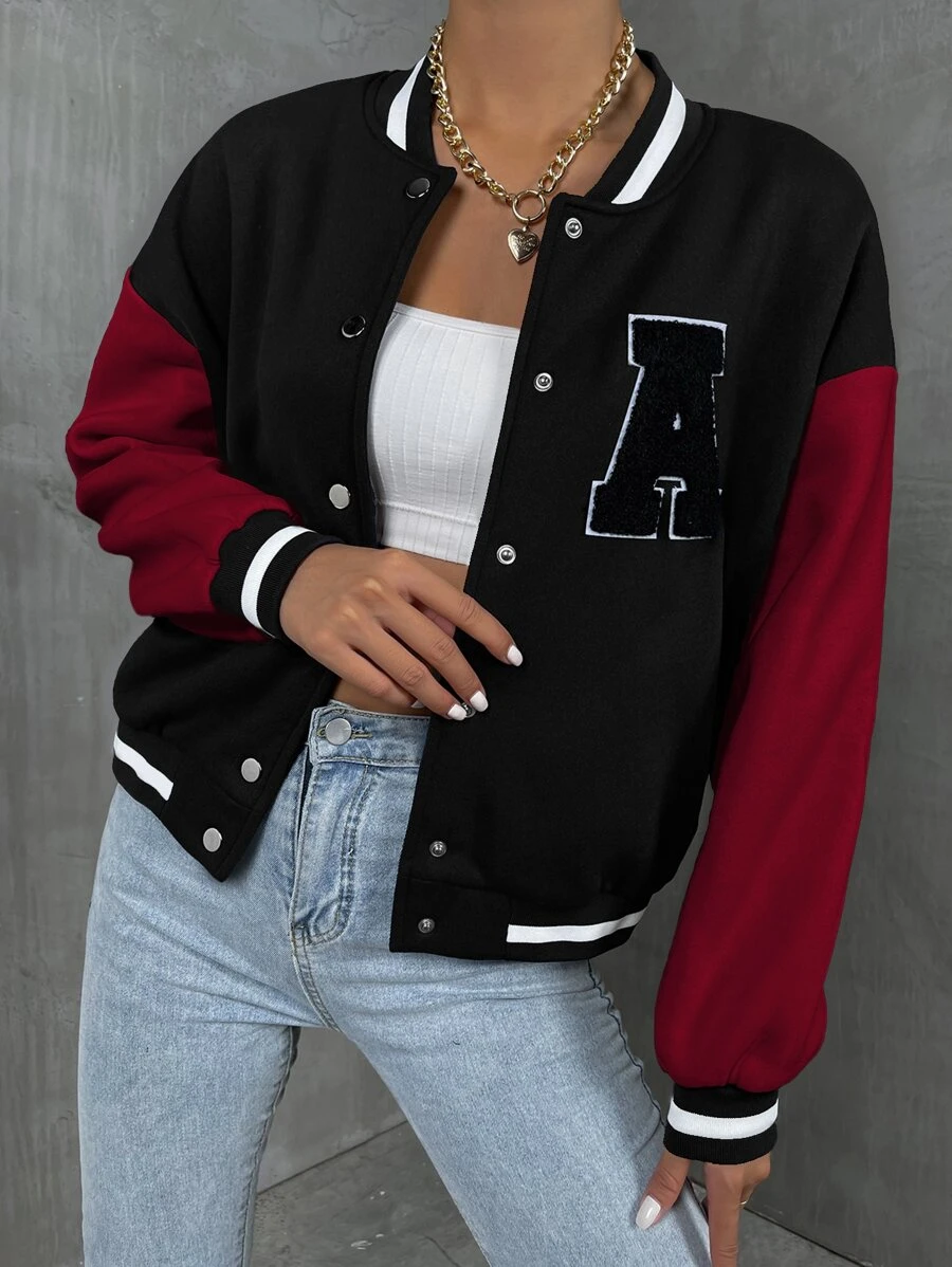 SHEIN Unity 字母補丁細節落肩袖撞色學院風夾克 - 彩色 - 查看 1