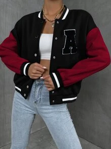 SHEIN Unity 字母補丁細節落肩袖撞色學院風夾克 - 彩色 - 查看 3