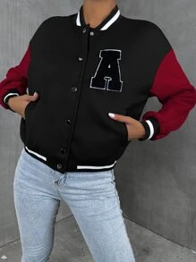 SHEIN Unity 字母補丁細節落肩袖撞色學院風夾克 - 彩色 - 查看 4