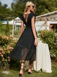 SHEIN Holidaya Ruffle Hem Split Thigh Swiss Dot Dress - Black - View 2