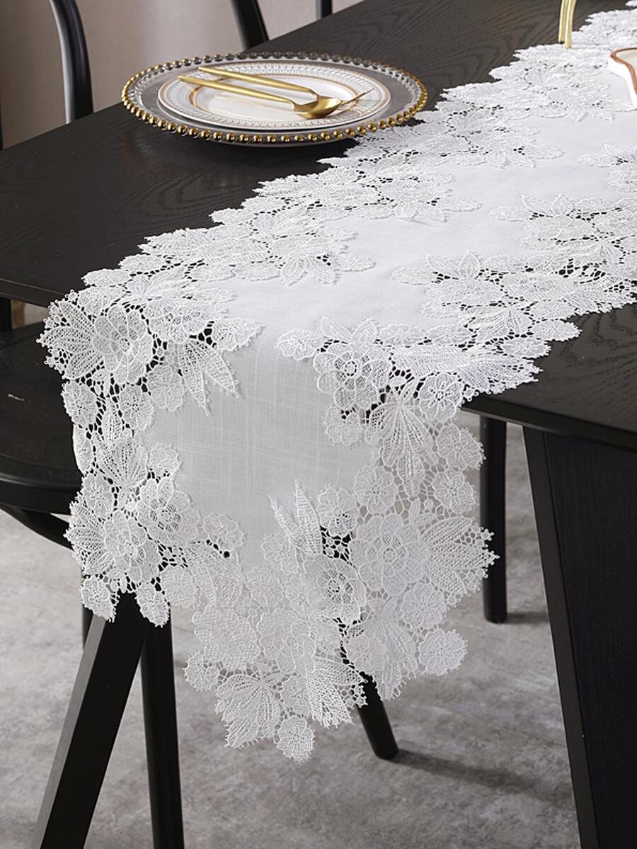 Camino de mesa con patrón de flor - Blanco - Ver 1