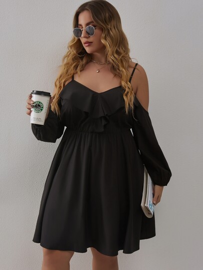 Plus Cold Shoulder Ruffle Trim Dress
