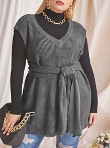 Plus Belted Sweater Vest Without Top - Dark Grey - View 1
