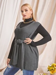 Plus Belted Sweater Vest Without Top - Dark Grey - View 4
