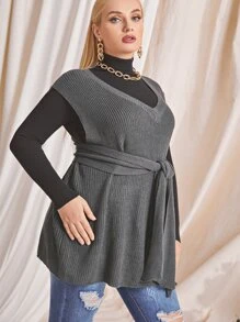 Plus Belted Sweater Vest Without Top - Dark Grey - View 3