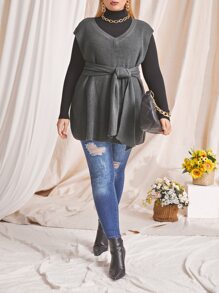 Plus Belted Sweater Vest Without Top - Dark Grey - View 5
