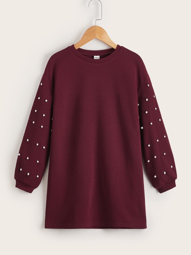 SHEIN Girls Pearls Beaded Lantern Sleeve Dress - Burgundy - View 1