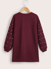 SHEIN Girls Pearls Beaded Lantern Sleeve Dress - Burgundy - View 2