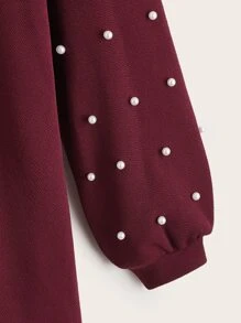SHEIN Girls Pearls Beaded Lantern Sleeve Dress - Burgundy - View 4